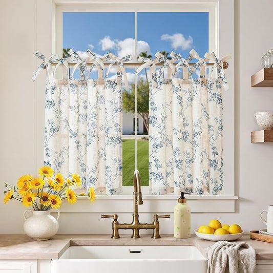 jinchan Floral Kitchen Curtains 24 Inch Linen Tier Curtains Farmhouse Cafe Half by JINCHAN