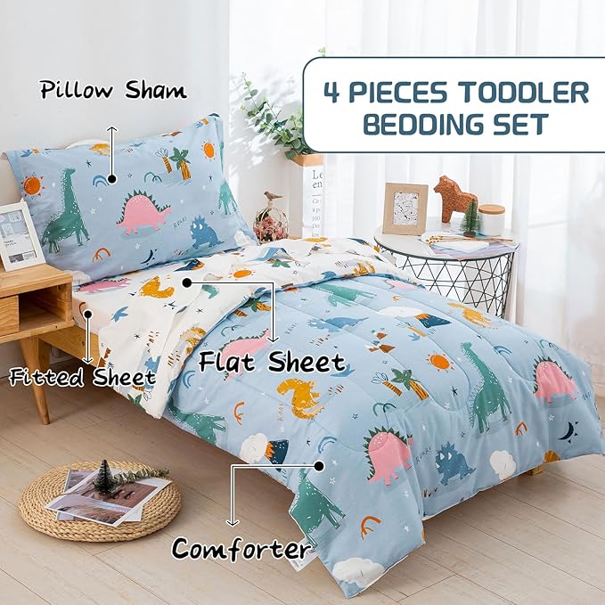 DJY 4 Pieces Cotton Toddler Bedding Set, Dinosaur Toddler Bed Comforter Set - Image 3