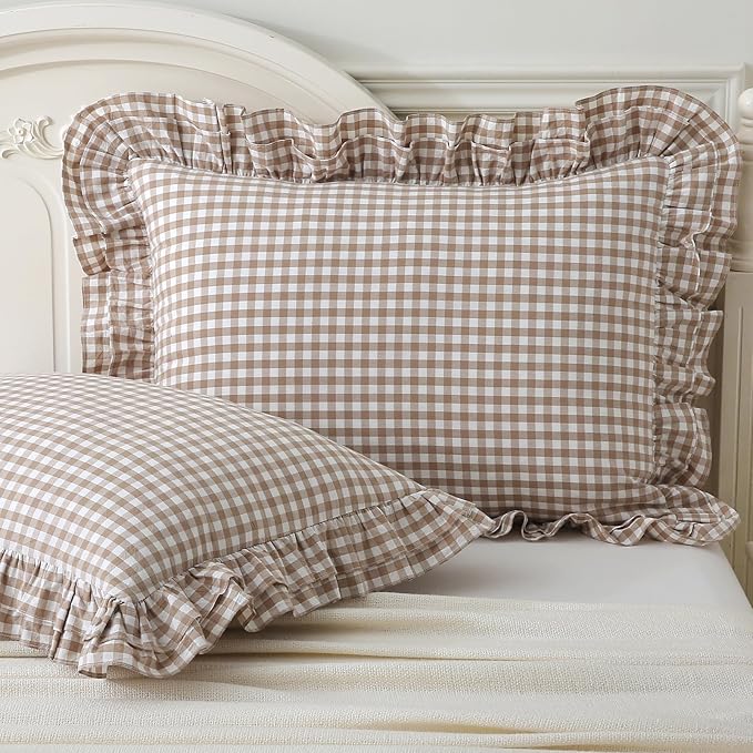 Aryeleay 2 Pack Taupe White Plaid Gingham Ruffle Pillow Shams Standard Size by Aryeleay
