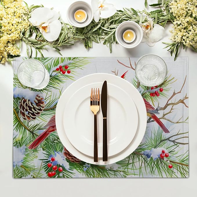 Giwawa Winter Birds Placemats Set of 4, Christmas Tree Holly Berry Pine Cones - Image 3