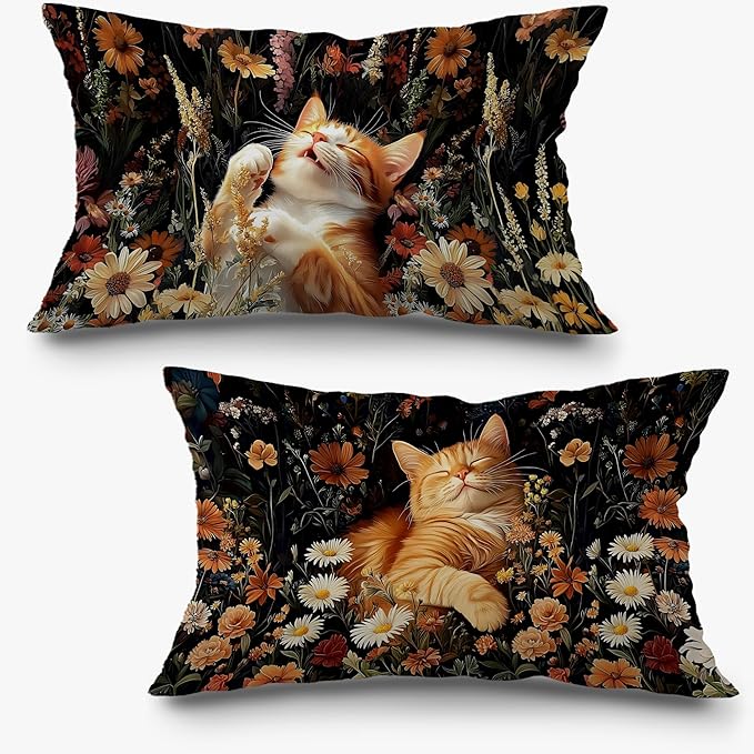Boho Moody Floral Orange Cat Pillow Covers 12x20 Set of 2, Cat Mom Lady Lovers by Exqcom