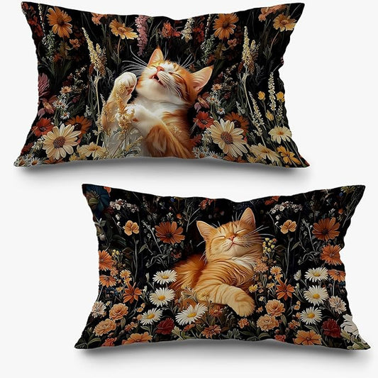Boho Moody Floral Orange Cat Pillow Covers 12x20 Set of 2, Cat Mom Lady Lovers by Exqcom