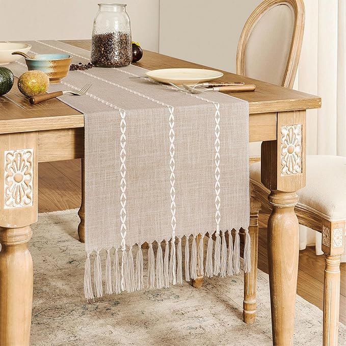 ZeeMart Farmhouse Braided Striped Table Runner, Rustic Beige Table Runners 60 - Image 2
