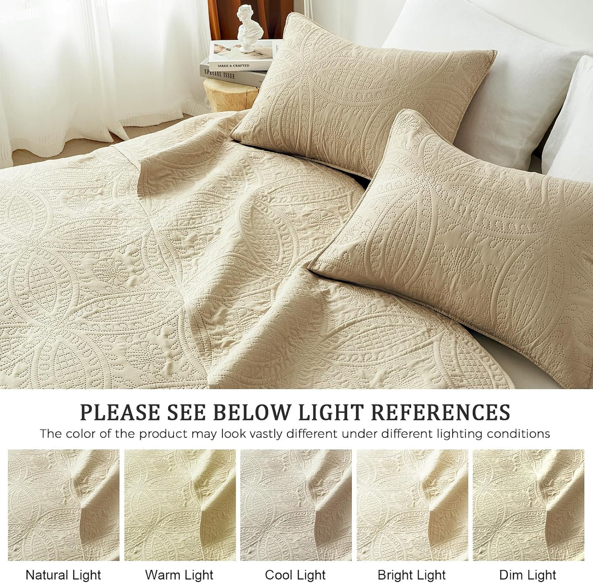 akkialla king quilt bedding set,beige ultrasonic king/cal king showing dimensions