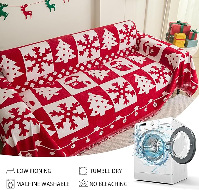 MEETSKY Christmas Couch Cover for Sectional Sofa, Chenille Loveseat Red Sofa - Image 6