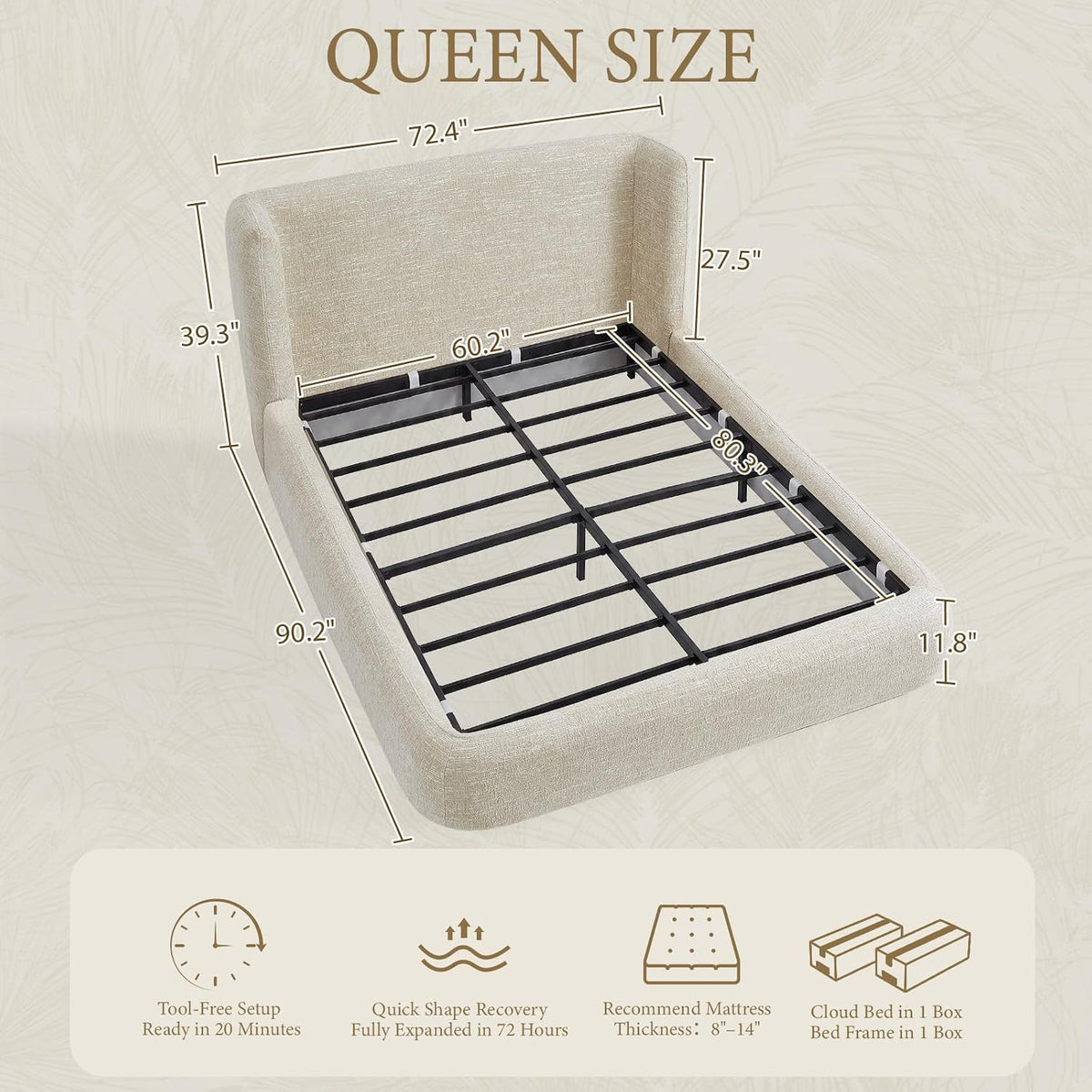 yechen queen platform bed frame, upholstered queen bed shown in use