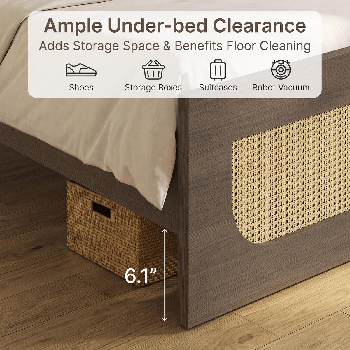 kislot boho rattan bed frame, farmhouse platform, walnut showing dimensions
