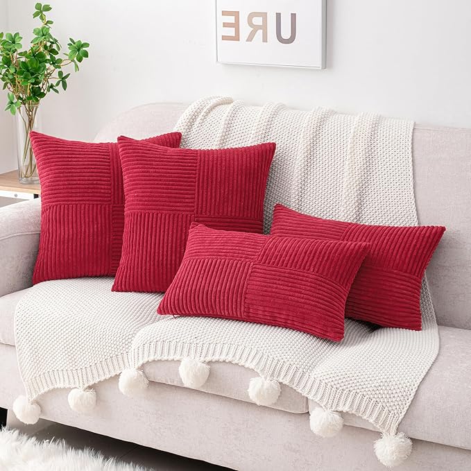 HWY 50 Red Corduroy Patchwork Throw Pillow Covers 18x18 Inch, Soft Cozy - Image 8