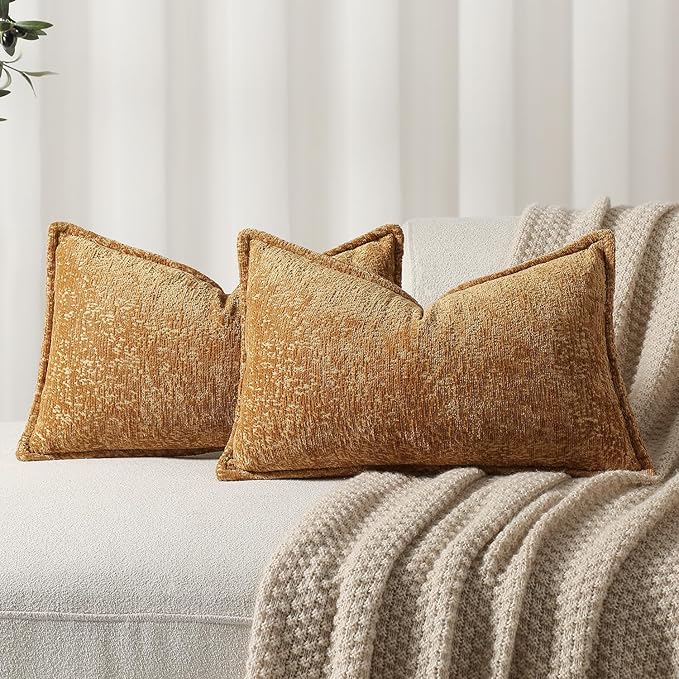 Pack of 2 Golden Brown Decorative Throw Pillow Covers 12x20 Cozy Soft Chenille by DEZENE