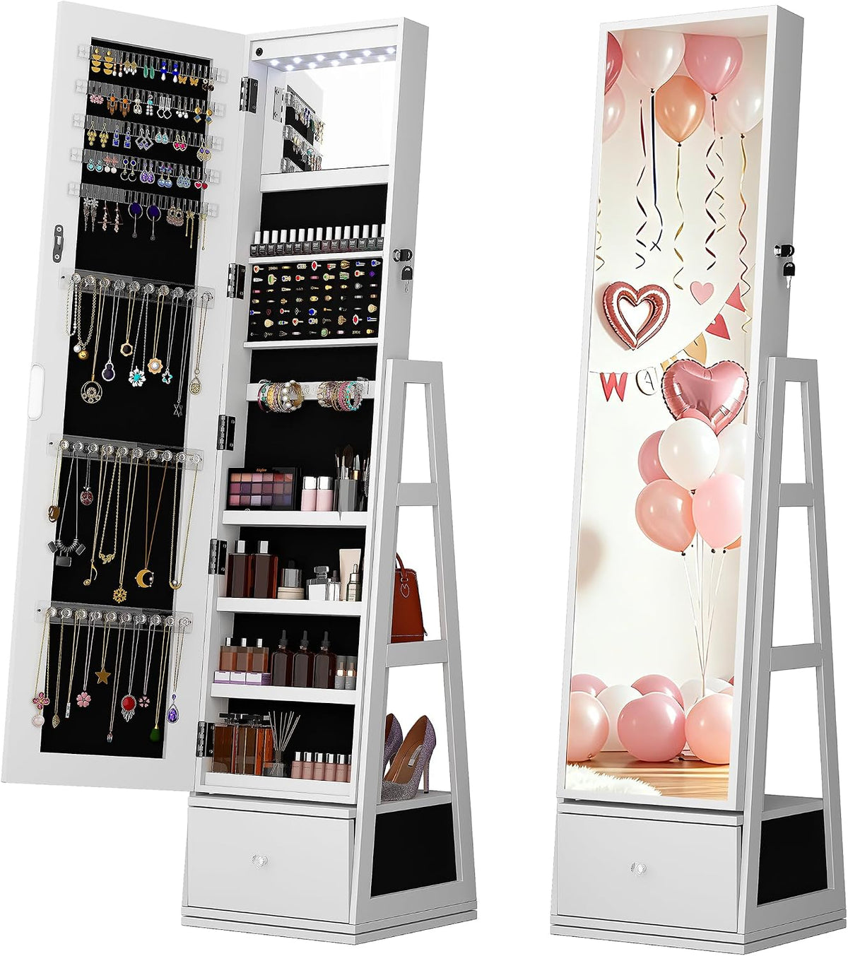rotatable 6 leds jewelry armoire with drawer, white, main product view