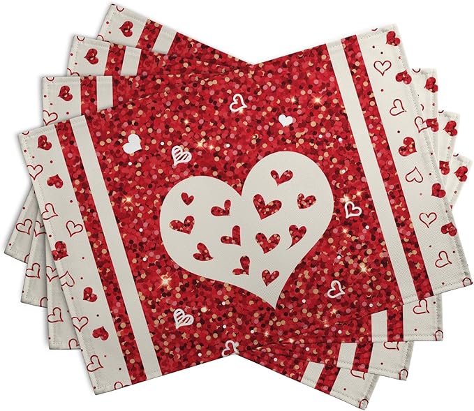 Valentine Hearts Placemats Set of 4, 12x18 Inch Red White Love Heart Linen - Image 2