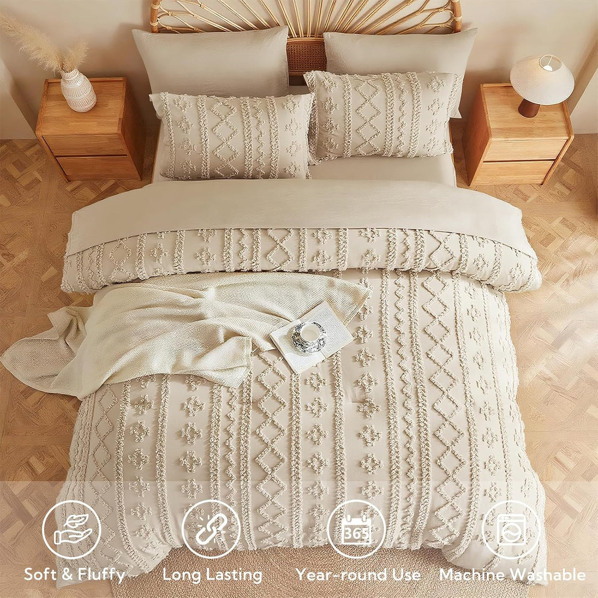 mr&hm queen comforter set 7 pieces, fluffy tufted shown in use