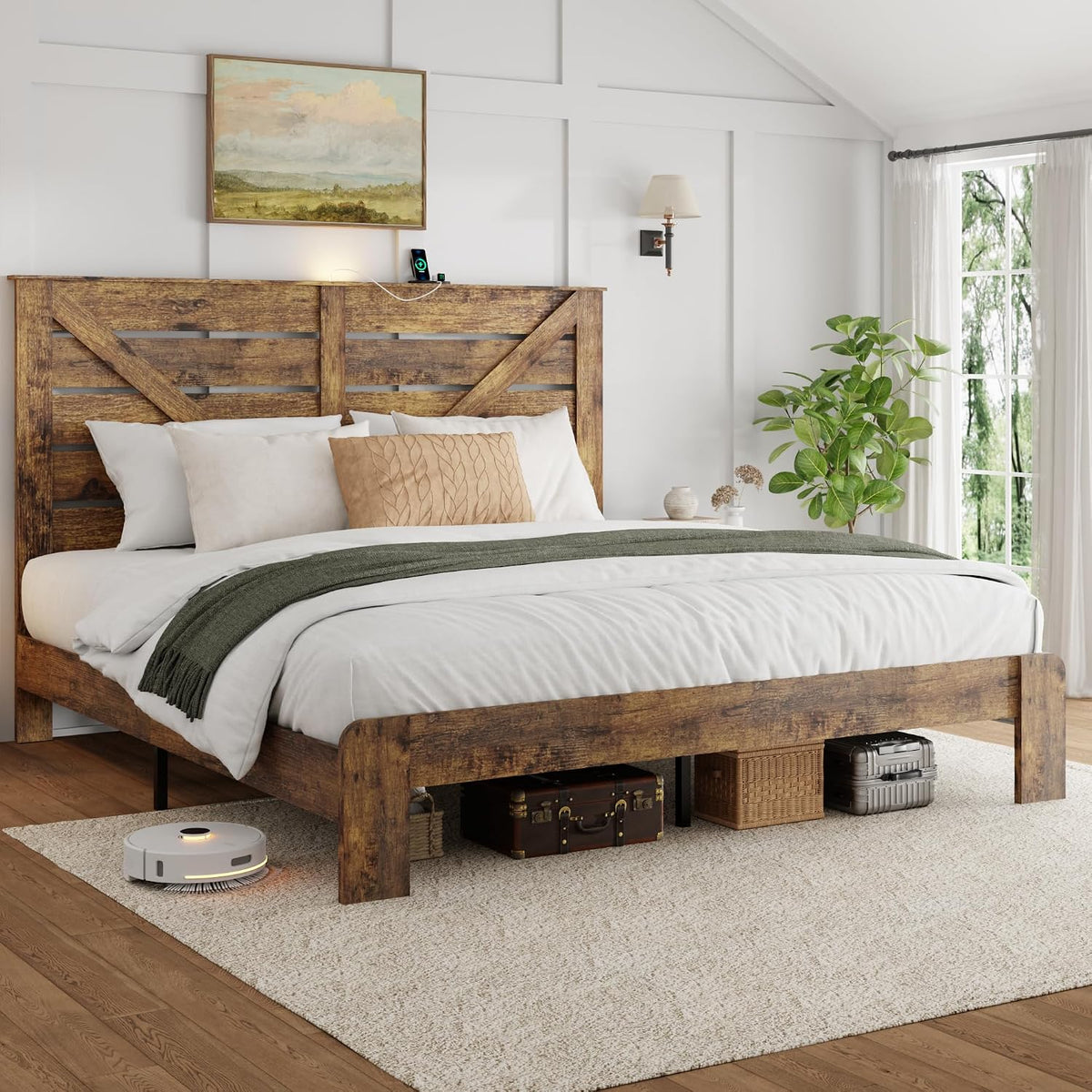 king farmhouse bed frame with headboard, led lights, main product view