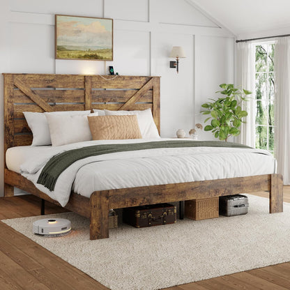 king farmhouse bed frame with headboard, led lights, main product view