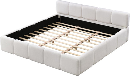 merax king boucle platform bed with thick headboard on a desk or shelf