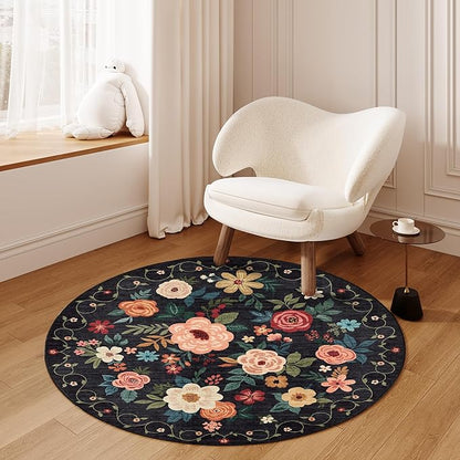 DUKINO Floral Round Rug, 4ft Washable Round Area Rug, Non Slip Indoor Low Pile - Image 5