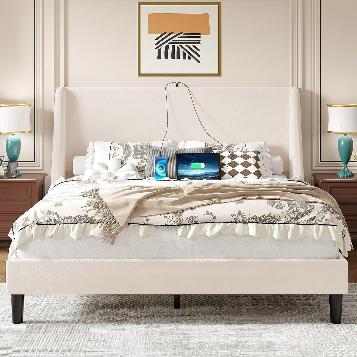 vecelo queen bed frame with upholstered wingback headboard, main product view