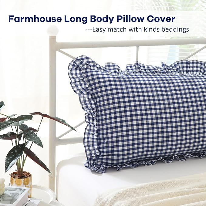 Navy Blue White Plaid Ruffled Gingham Body Pillow Cover, 100% Washed Cotton - Image 3