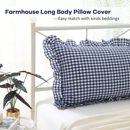 Navy Blue White Plaid Ruffled Gingham Body Pillow Cover, 100% Washed Cotton - Image 3