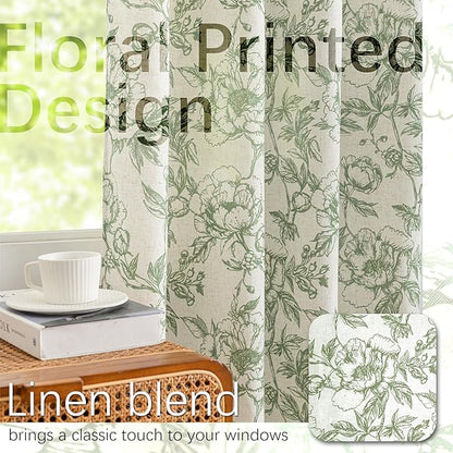 Linen Curtains for Bedroom Green Floral Printed Curtain French Country Peony - Image 3