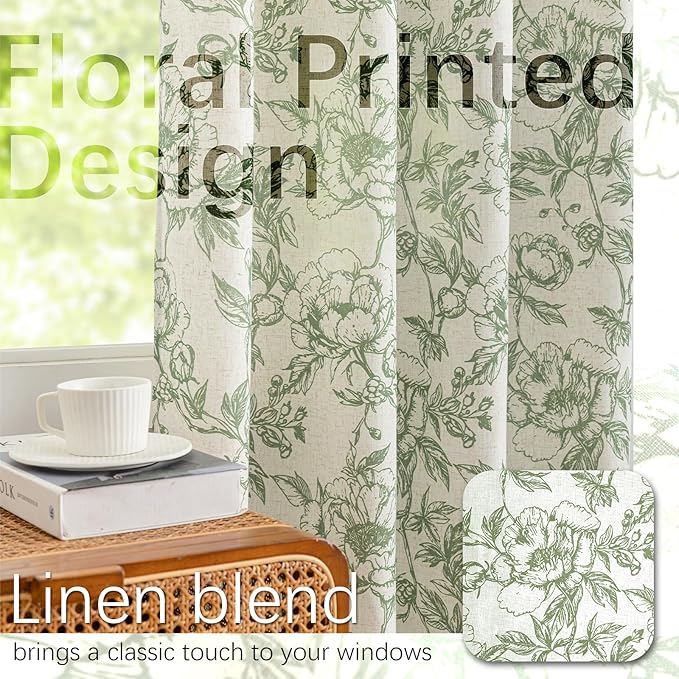 Green Floral Curtains for Living Room 84 Inches Long French Country Green Peony - Image 2