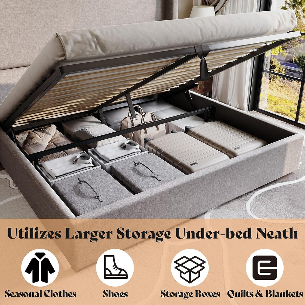 AMERLIFE Queen Lift Up Storage Bed Frame Linen Headboard, Light Grey