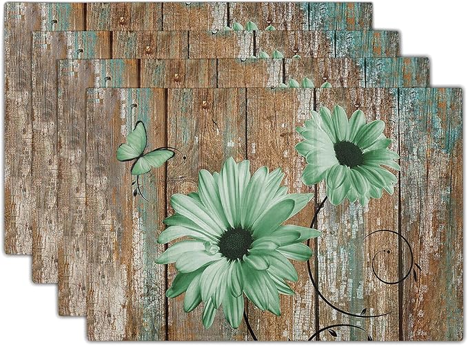 Giwawa Rustic Daisy Placemats Set of 4- Green Sunflowers on Vintage Wood Board by Giwawa