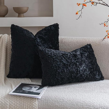 Neelvin Set of 2 Faux Fur Throw Pillow Covers 18x18 Inch Black Cozy Soft Solid - Image 3