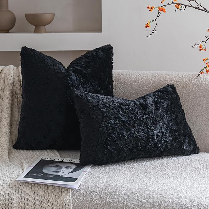Neelvin Set of 2 Faux Fur Throw Pillow Covers 20x20 Inch Black Cozy Soft Solid - Image 3