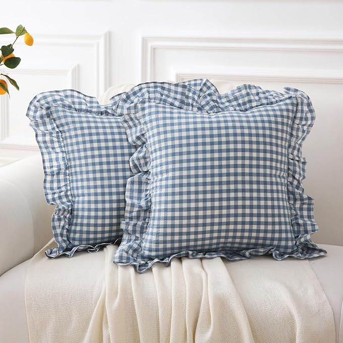 2 Pack Dust Blue White Plaid Gingham Ruffle Throw Pillow Covers, 100% Washed by KMASANIJI
