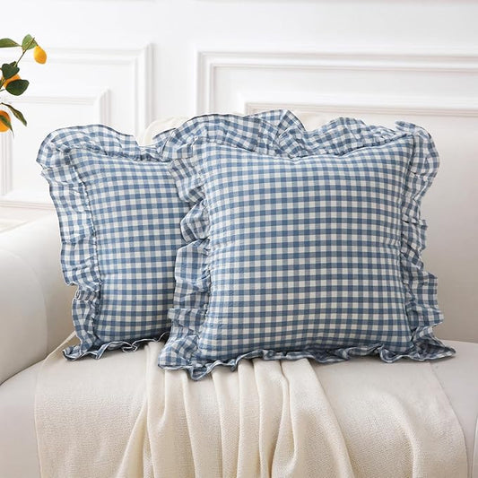 2 Pack Dust Blue White Plaid Gingham Ruffle Throw Pillow Covers, 100% Washed by KMASANIJI