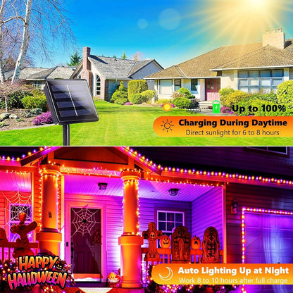 Jedavai 6Pack 240FT 600 LED Solar Halloween String Lights, Orange & Purple Solar Lights Outdoor with 8 Lighting Modes Waterproof Solar Fairy Lights for Garden Yard Patio Party Tree Decoration