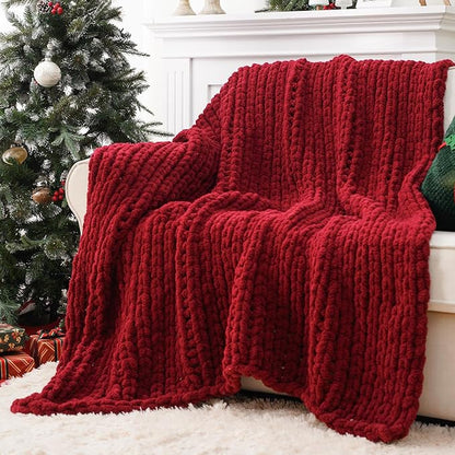 Battilo Chunky Knit Throw Blanket, Soft and Thick Red Chenille Throw Blanket by Battilo