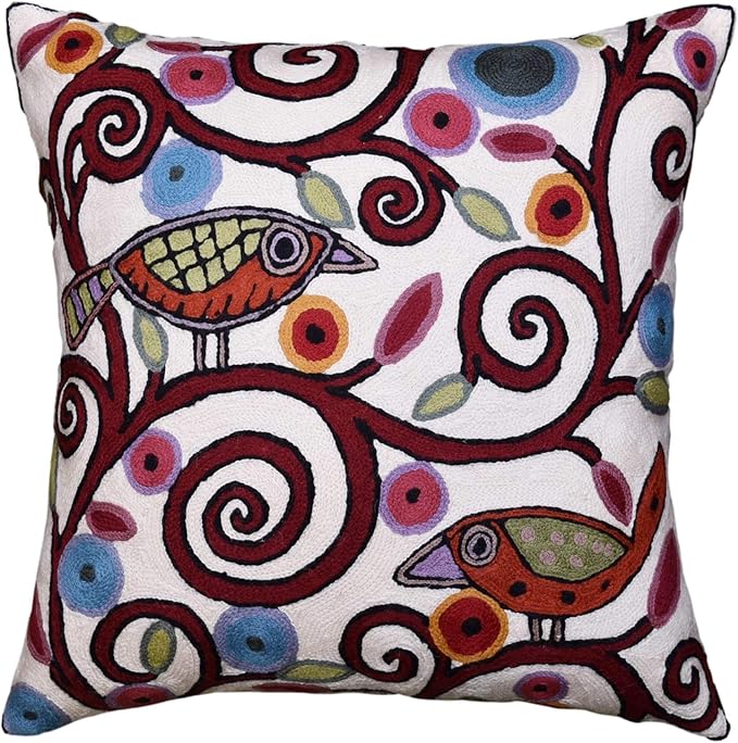 Cream Tree of Life Pillow Cover Birds White Floral Pillowcase Flower Accent by Kashmir+Designs
