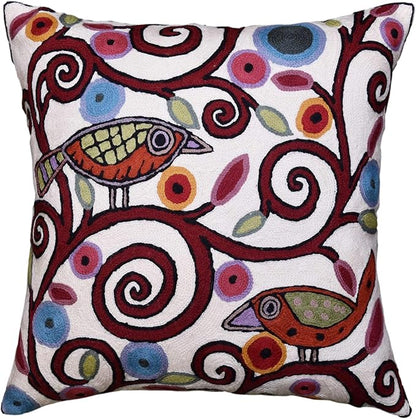 Cream Tree of Life Pillow Cover Birds White Floral Pillowcase Flower Accent by Kashmir+Designs
