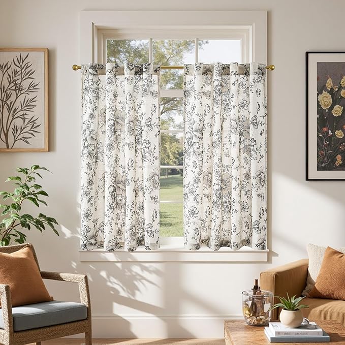 jinchan Linen Floral Tier Curtains 45 Inch Farmhouse Botanic Cafe Curtains by JINCHAN