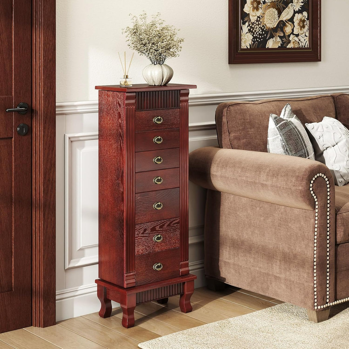 giantex standing jewelry cabinet with 7 drawers, flip-top, side view