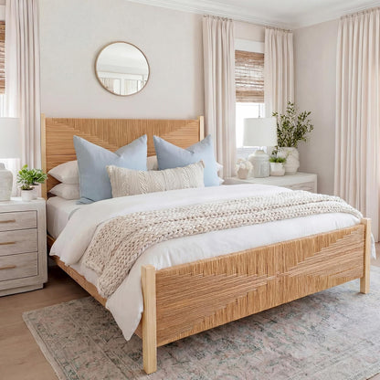 yechen solid wood rattan queen bed frame with, main product view