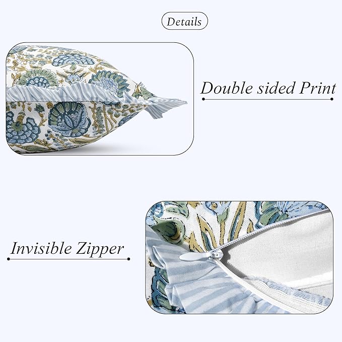 Ridhi Asparagus Green 100% Cotton Block Print Ruffle Bed Sham Cover 20''×36'' - Image 2