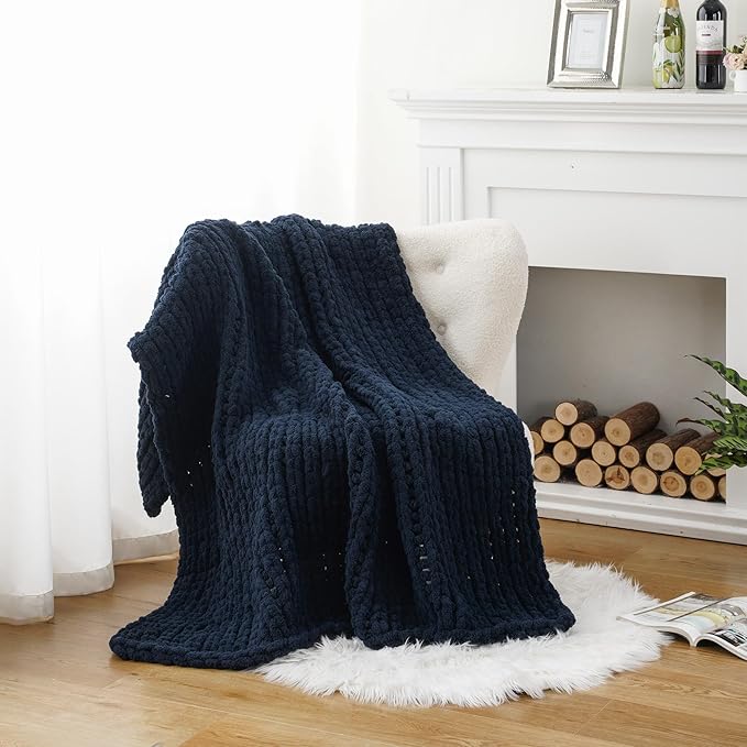 Battilo Navy Chunky Knit Throw Blanket, Soft and Thick Navy Blue Chenille Throw - Image 6