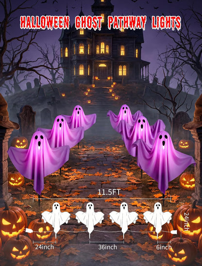 11.5FT Halloween Ghost Pathway Lights Outdoor, 4 Pack Purple Ghost Decor
