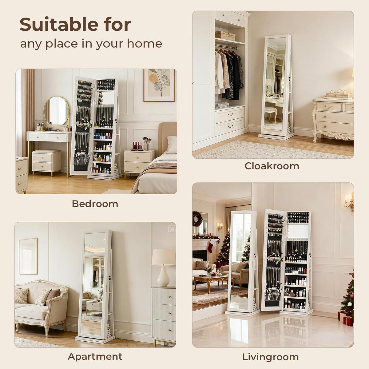 4-in-1 jewelry armoire with jewelry organizer storage, white, view 10
