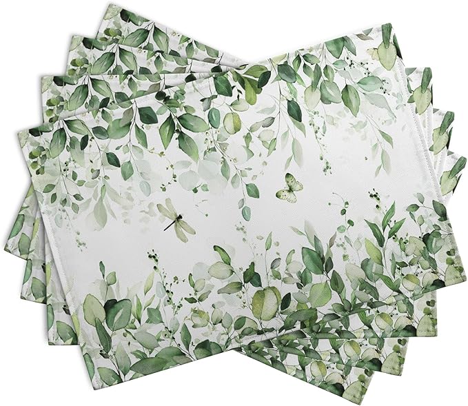 Sage Green Leaf Placemats Set of 4 Eucalyptus Leaves Place Mats 12×18 Inch - Image 2