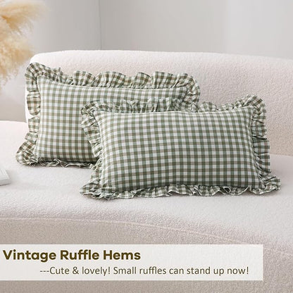 2 Pack Sage Green Plaid Ruffle Gingham Lumbar Throw Pillow Shams, 100% Washed - Image 5