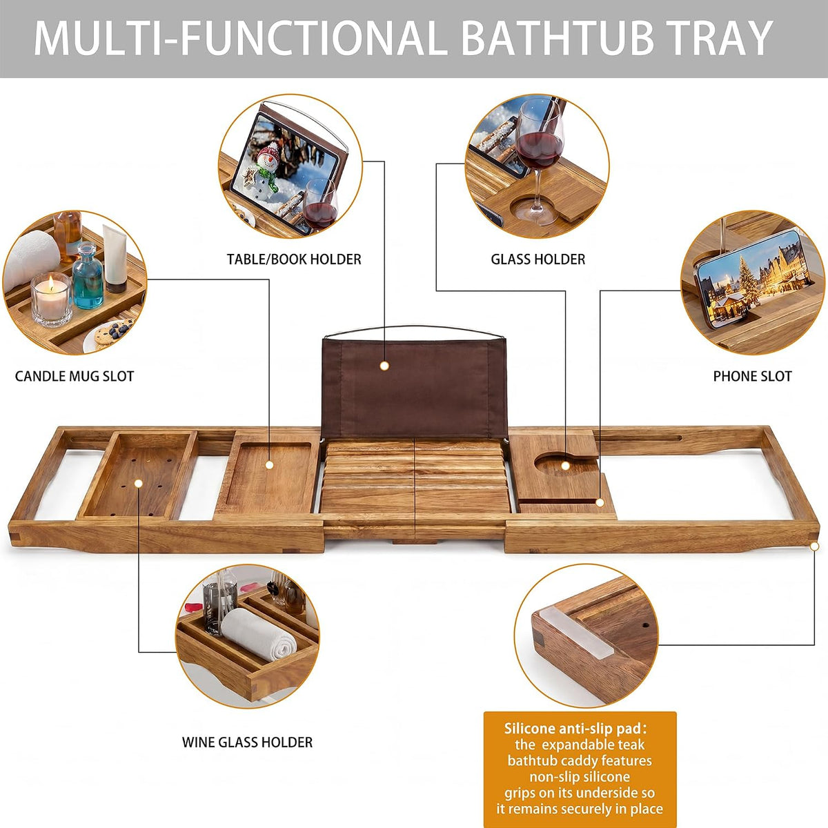 bathtub tray caddy, expandable acacia wood bath tray, package contents