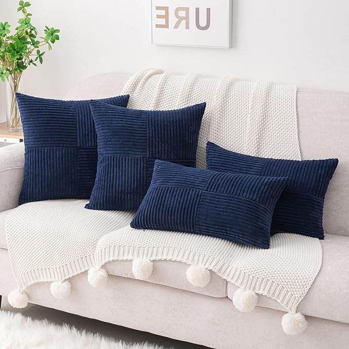 HWY 50 Navy Blue Corduroy Patchwork Throw Pillow Covers 20x20 Inch, Soft Cozy - Image 8