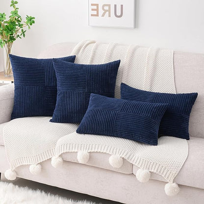 HWY 50 Navy Blue Corduroy Patchwork Throw Pillow Covers 20x20 Inch, Soft Cozy - Image 8