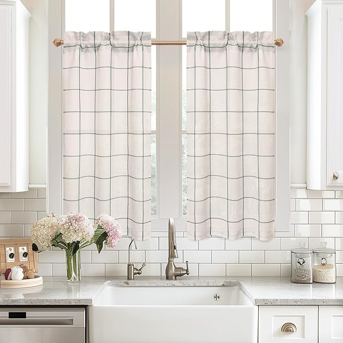 DriftAway Kitchen Curtains Striped Tier Linen Short Curtains Windowpane Plaid by DriftAway