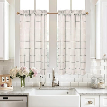 DriftAway Kitchen Curtains Striped Tier Linen Short Curtains Windowpane Plaid by DriftAway