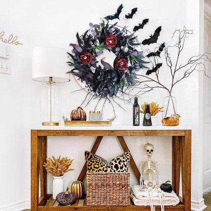 22 Inch Halloween Wreath with Black Roses Skeleton and Eye Balls for Front Door, Gothic Halloween Floral Wreath with Black Bow for Indoor Outdoor